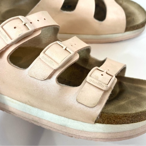 Birkenstock Papillo Metallic Pink Arizona sandals Slip On 3 Strap Leather Slides - Picture 6 of 12